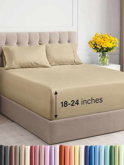 Extra Deep Twin Sheet Set - 4 Piece Breathable and Cooling Sheets - Hotel Luxury Bed Sheets Set - Easy & Secure Fit - Soft, Wrinkle Free and Comfy Sheets Set - Beige Sheet Set with Extra Deep Pockets