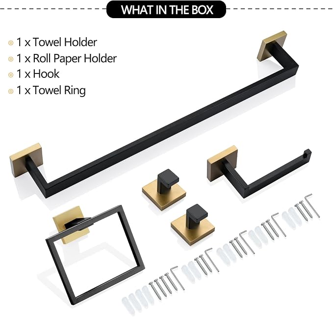TNOMS 5 Pieces Bathroom Hardware Accessories Set Black and Gold Towel Bar Set - Image 7