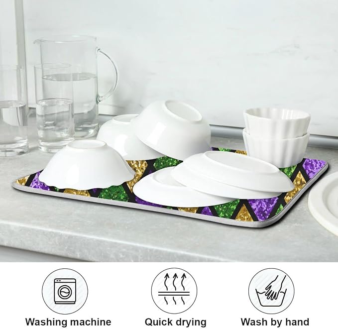 Mardi Gras Dish Drying Mat for Kitchen Gold Purple Green Buffalo Plaid - Image 7