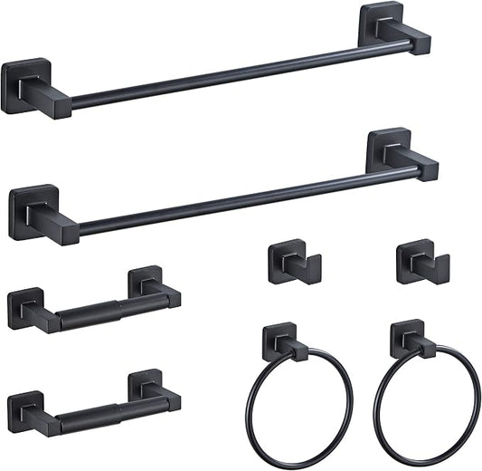 Matte Black Bathroom Hardware Set 8 Pieces, Towel Bar Set Stainless Steel Wall by bluebyrne