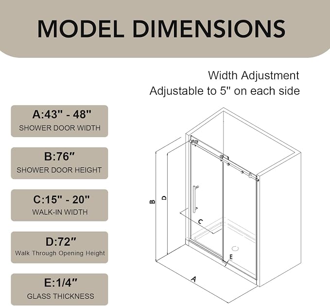43-48” W x 76" H Single Sliding Shower Door, Frameless Shower Door - Image 9