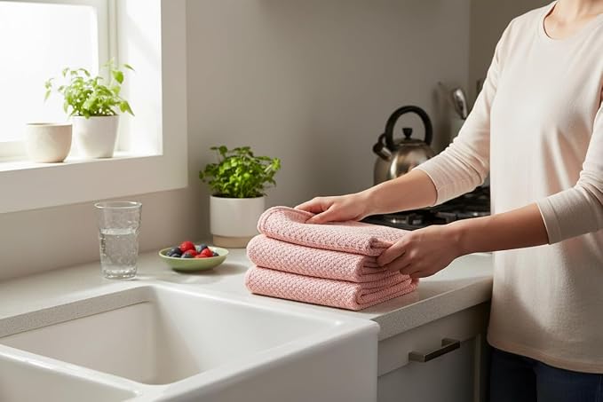 Serafina Home Light Pink Kitchen Hand Dish Towels: Oversized 28" x 18" - Image 2