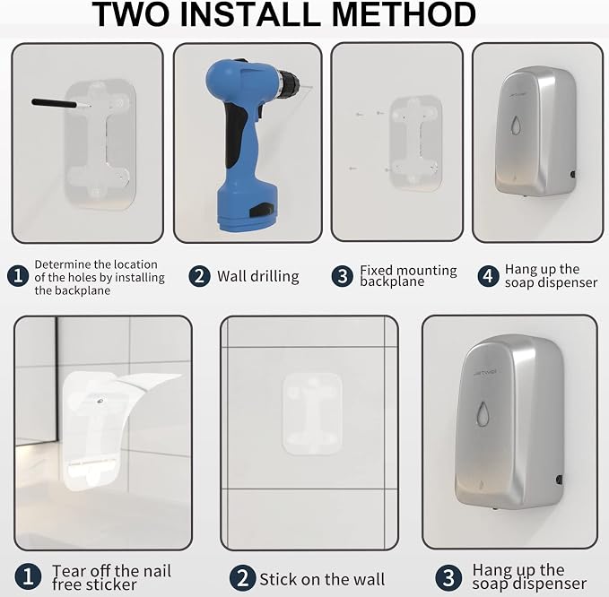 JETWELL Automatic Touch-Less Wall Mount Hand Soap Dispenser Liquid Drop Battery - Image 8
