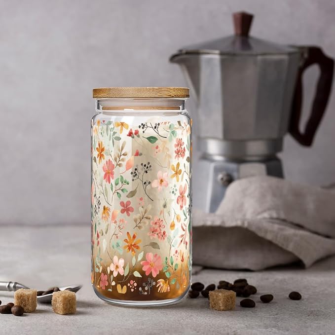 Floral Iced Glass Cups with Bamboo Lids and Straws 16oz Wildflower Coffee Cup - Image 2