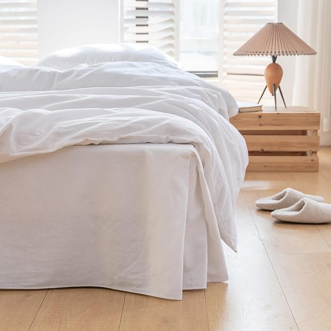 BISELINA French Linen Bed Skirt with Pleated Corner 14-Inch Tailored Drop Natural Flax Cotton Blend Basic Dust Ruffle Soft Cozy Farmhouse Bedding (14" Twin, Basic White)
