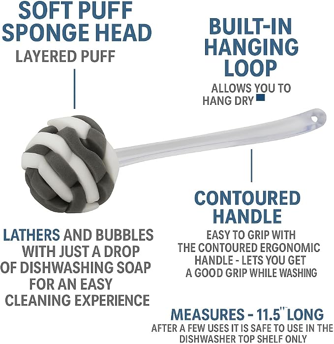 Glass Sponge Dish Brush with Handle – 11.5" Puff Head Kitchen Cleaning Brush - Image 2