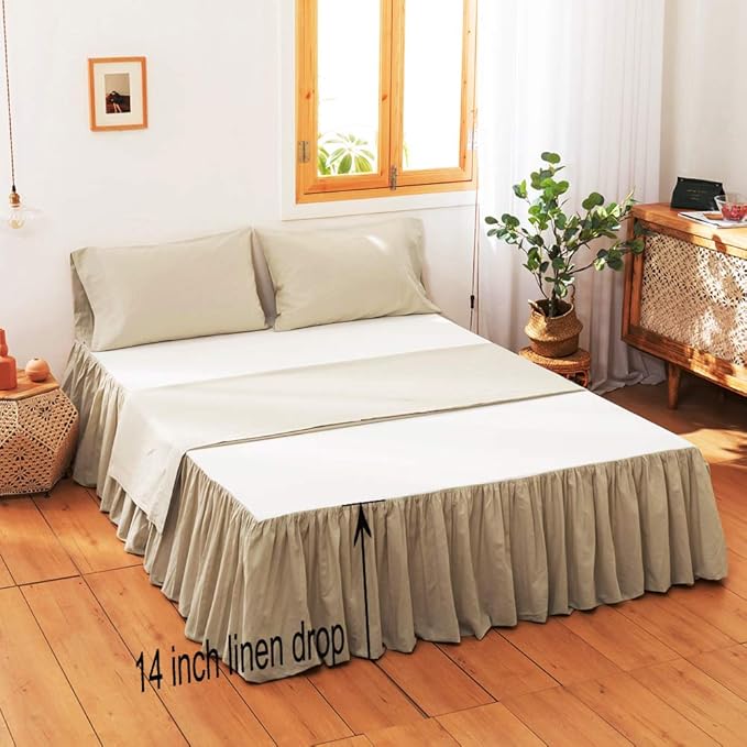 Simple&Opulence Belgian Linen Bed Skirt with Classic 14 inch Tailored Drop Dust Ruffle, Easy Fit Breathable Premium Natural Flax- Pleated Linen, Queen