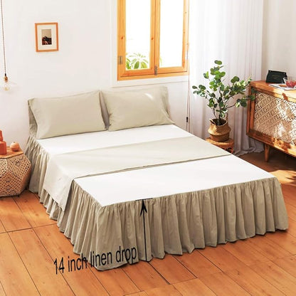 Simple&Opulence Belgian Linen Bed Skirt with Classic 14 inch Tailored Drop Dust Ruffle, Easy Fit Breathable Premium Natural Flax- Pleated Linen, Queen