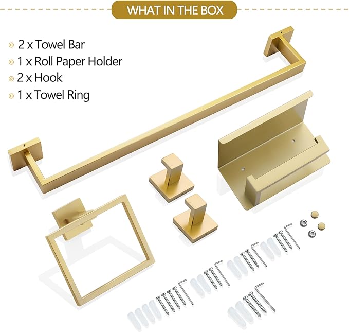 TNOMS 6-Piece Bathroom Hardware Set 23.6 Inch Gold Towel Bar Set Double Towel - Image 6