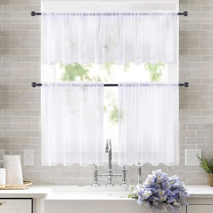 MIULEE 2 Panels Kitchen Tiers Half Window Sheer Curtains Rod Pocket Voile Drapes for Kitchen Bathroom Small Windows 54 by 24 Inch White