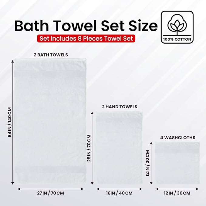 Infinitee Xclusives Luxury 100% Cotton Towel Set – 8 Piece Bathroom Towel Set – - Image 3