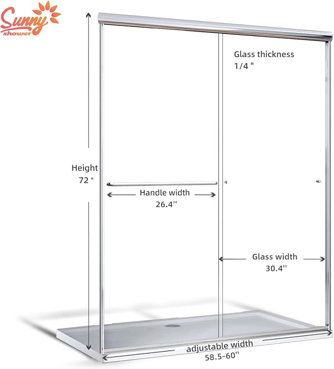 SUNNY SHOWER 60 in.W x 72 in.H Glass Shower Door, Semi Frameless Double Sliding - Image 2