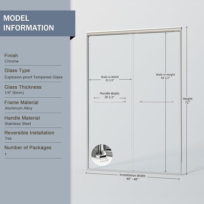 44-48 in. W x 72 in. H Double Sliding Shower Door, Semi-Frameless Bypass - Image 3
