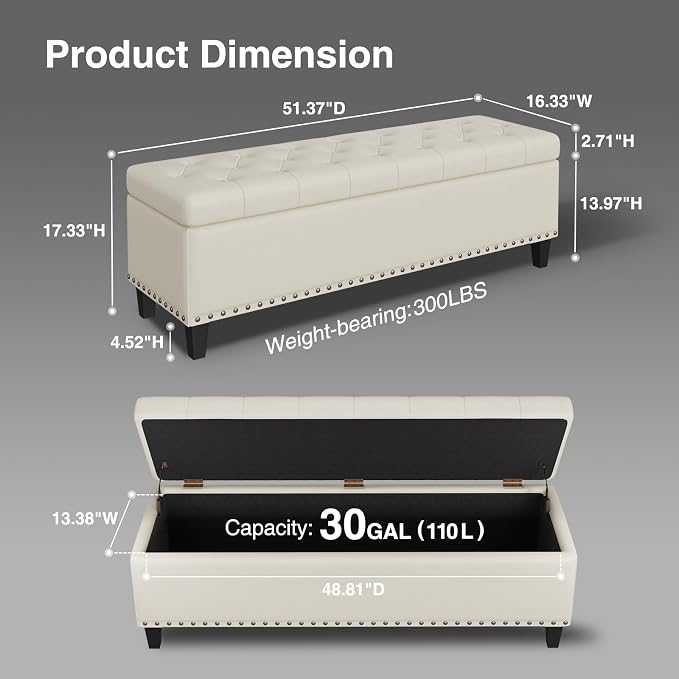 Storage Ottoman Bench, 51-Inch Large Storage Bench - Image 2