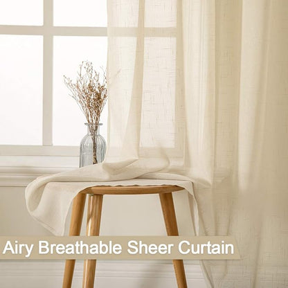 MIULEE 2 Panel 90 Inch Natural Light Beige Linen Semi-Sheer Window Curtains - Elegant Solid Drapes with Grommet Top - Voile Panels Textured for Bedroom or Living Room (52" W X 90" L)