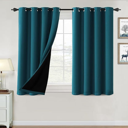 H.VERSAILTEX 100% Blackout Curtains for Bedroom Thermal Insulated Blackout Curtains 45 inch Length Heat and Full Light Blocking Curtains for Living Room with Black Liner 2 Panels Set, Dark Teal