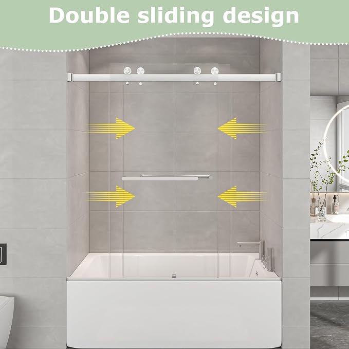 55"-60" W x 60" H Frameless Bathtub Shower Door, Double Sliding Shower Door - Image 2