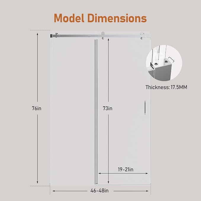 46-48 Inch Frameless Sliding Shower Door, 5/16" Clear Tempered Glass, Smooth - Image 2