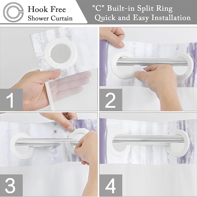 No Hook Shower Curtain with Snap in Liner, Hotel Style Purple White Gold Brush - Image 5