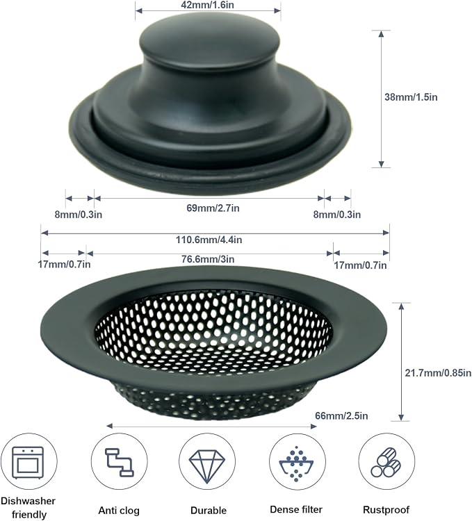 RQYEKDO Kitchen Sink Strainers Sink Stopper Kits, Stainless Steel Sink Drain - Image 2