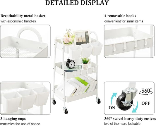 danpinera 3-Tier Rolling Cart, Metal Rolling Storage Cart - Image 2