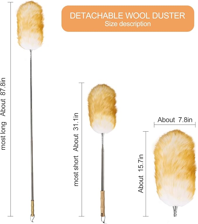 Extendable Lambswool Feather Duster 31-88 Inch, Anti-Static Wool Duster - Image 2