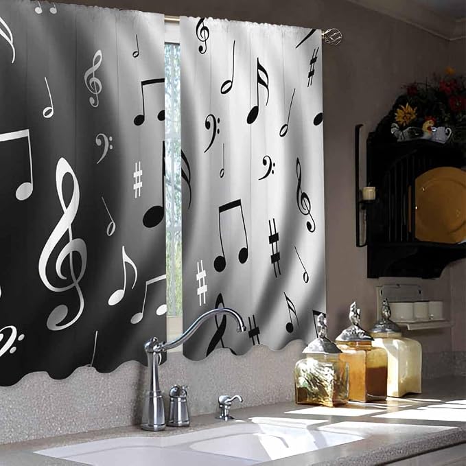 Modern Kitchen Curtains Black and White Music Notes Dancing Short Tier Curtains - Image 4
