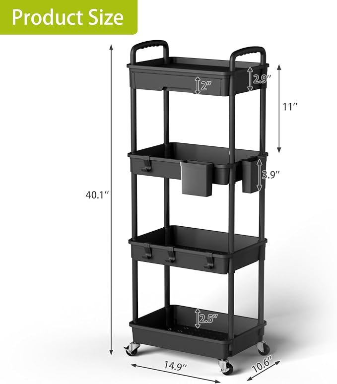 4 Tier Rolling Cart Organizer, Art Craft Diaper Bedside Snack Laundry Room - Image 3