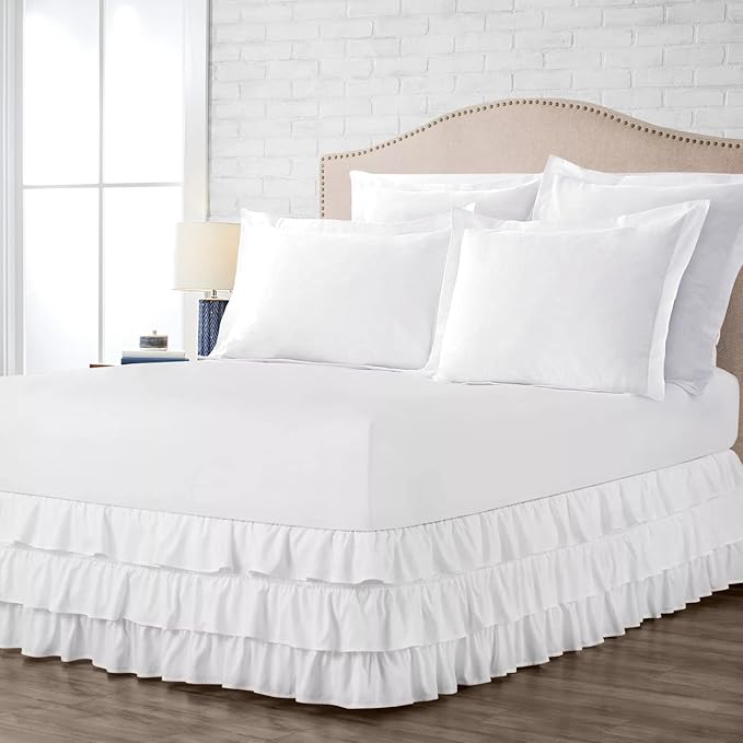 Multi-Ruffle Bed Skirt, Soft Multi Ruffle Bed Skirt Elastic Dust Ruffles with Wrap Around Bed Skirt Easy Fit with 18 Inch Drop 100% Cotton 800 Thread Count Bed Skirt (Twin, White)