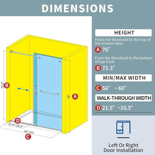 56-60" W x 76" H Frameless Sliding Shower Door, Frameless Shower Door, Shower - Image 2