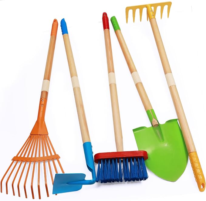 Kids Shovel, Rake for Leaves, Hoe and Broom, Gardening Yard Outdoor Toy Gifts by POMIKU