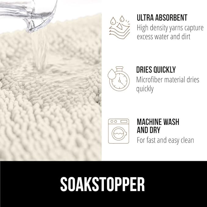 GORILLA GRIP SOAKSTOPPER Dog Door Mat, 36x24 Machine Washable Rug Absorbent Doormat Captures Moisture Mud Dirt, Quick Dry Soft Chenille Entryway Rugs Indoor Entrance Mats for Dog Paws, Cream