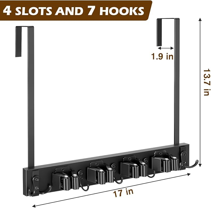 Mop and Broom Holder Over the Door, Wood Broom Hanger, Broom and Mop Organizer - Image 2