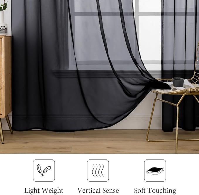 MIULEE 2 Panels Solid Color Sheer Window Curtains Elegant Halloween Window Voile Panels/Drapes/Treatment for Bedroom Living Room (54X108 Inches Black)