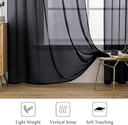MIULEE 2 Panels Solid Color Sheer Window Curtains Elegant Halloween Window Voile Panels/Drapes/Treatment for Bedroom Living Room (54X108 Inches Black)