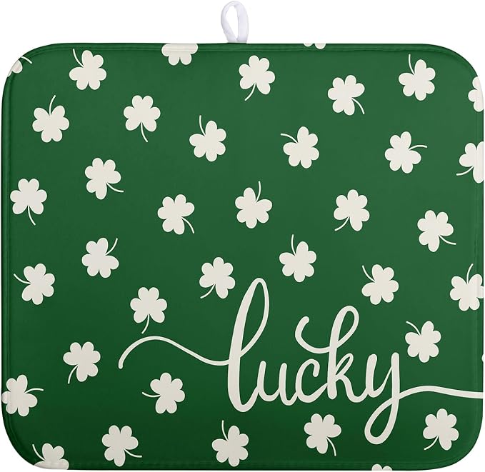 St Patrick Shamrock Drying Mat for Kitchen Counter Green White Lucky Clover by Wnoesat