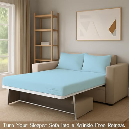Sleeper Sofa 4 Piece Bed Sheet Set Premium Quality 100% Cotton 500 Thread Count, Smooth & Super Soft Sateen Weave, Extra Soft Bed Sheets, Wrinkle Free, 6 Inch Deep Pocket (Queen, Light Blue)