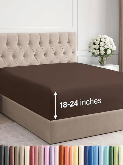 Extra Deep Queen Fitted Sheet - Hotel Luxury Single Fitted Sheet Only - Easily Fits 18 inch to 24 inch Mattress - Ultra Soft, Wrinkle Free w/Extra Deep Pockets - Easy-Care, Breathable & Comfy - Brown