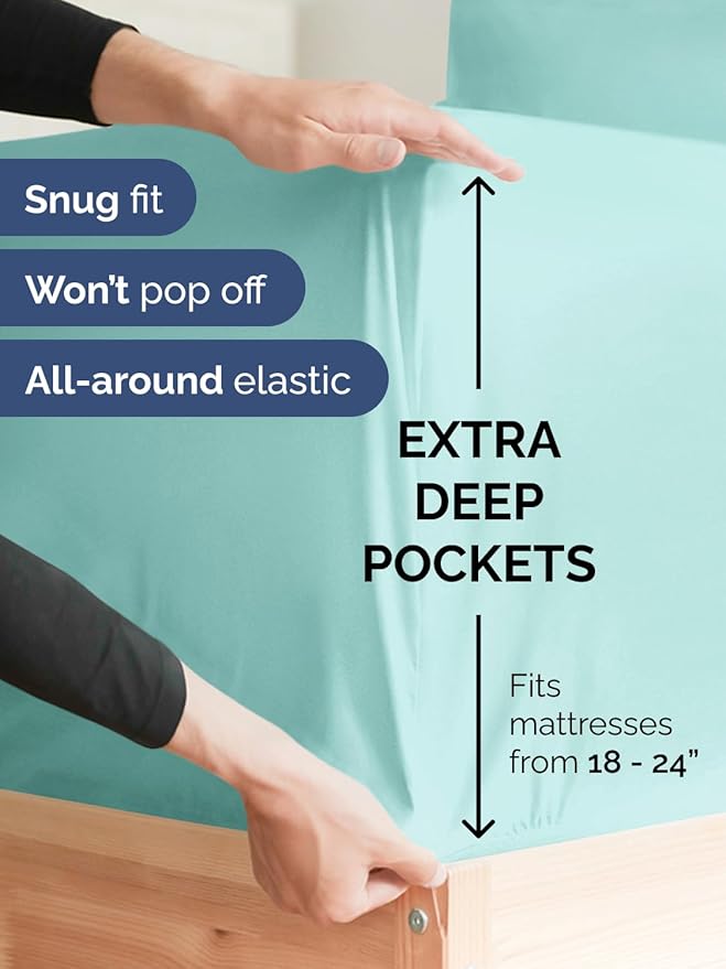 Extra Deep Twin Sheet Set - 4 Piece Breathable & Cooling Sheets - Hotel Luxury Bed Sheets Set - Easy & Secure Fit - Soft, Wrinkle Free & Comfy Sheets Set - Spa Blue Sheet Set with Extra Deep Pockets