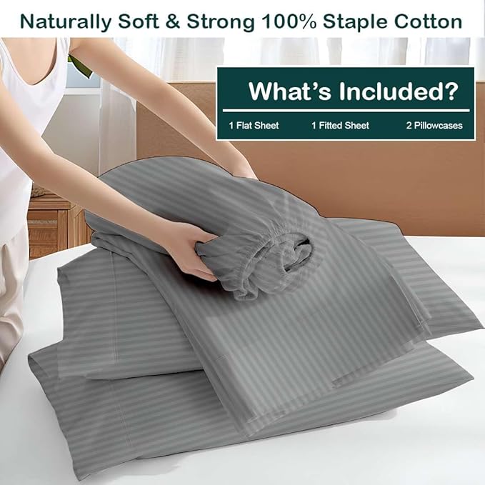 NON Sticky cotton Queen Size Sleeper Sofa Sheets, 4 Piece Egyptian Cotton Bed Sheet Set for Sofa Bed, 7" Deep Pocket for Pull Out Couch Mattress, 60" x 75", Light Grey Stripe, Soft & Breathable