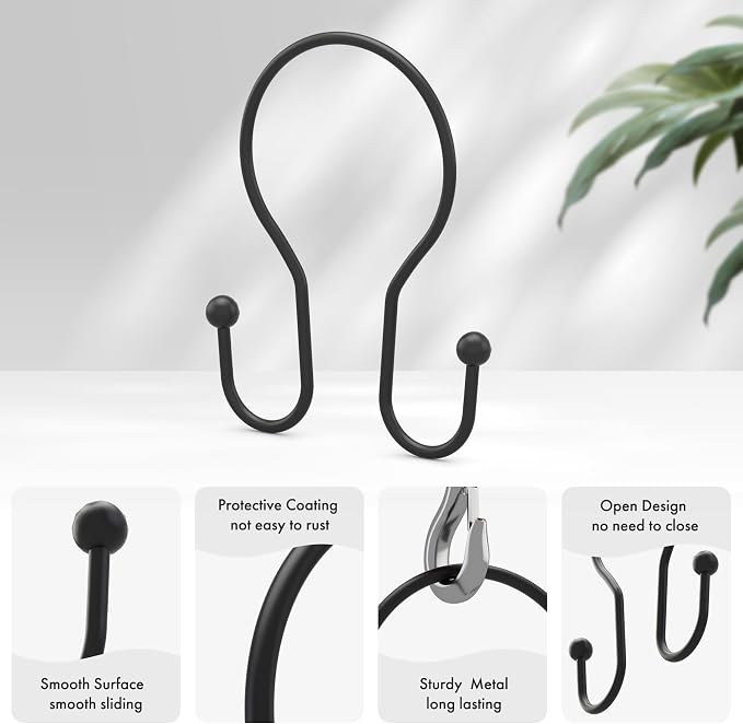 AmazerBath Shower Curtain Hooks Black Shower Curtain Rings, Simple Double Hook - Image 2