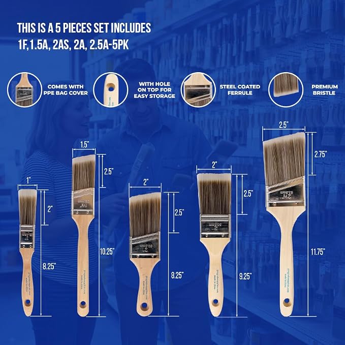 Pro Grade Paint Brushes, 5-Piece Paint Brush Set: Flat & Angle Brushes - Image 2