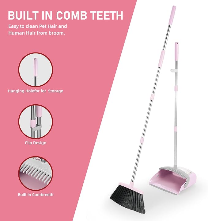 Broom and Dustpan Set, 54” Long Adjustable Household Hand Broom - Image 2