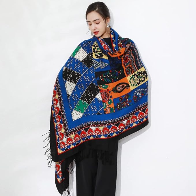 DANA XU 100% Merino Wool Pashmina Shawl for Women 96"x43", Oversized Cashmere Wrap with Tassels, Floral Travel Blanket Cape