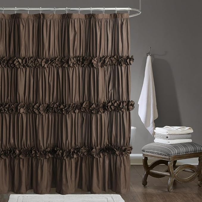 Chocolate Ruffle Shower Curtain, Vintage Handcrafted Bow Tie Bath Curtain by Homechoice+Decor