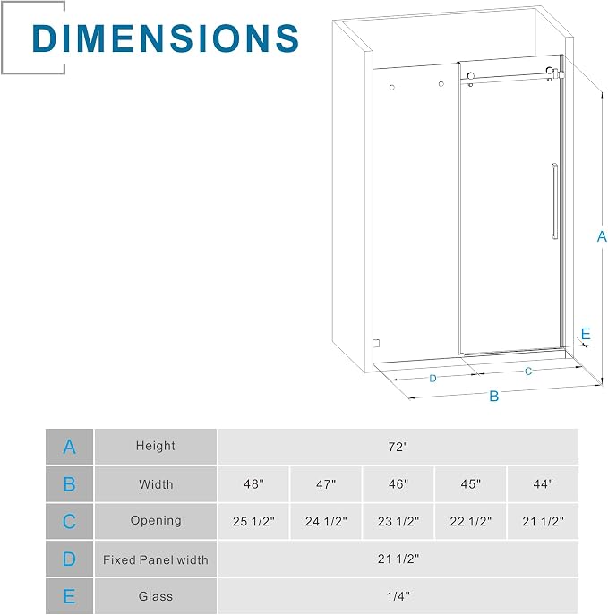 Frameless Shower Door 48" W x 72" H, 1/4" Clear Tempered Glass, Sliding Design - Image 7