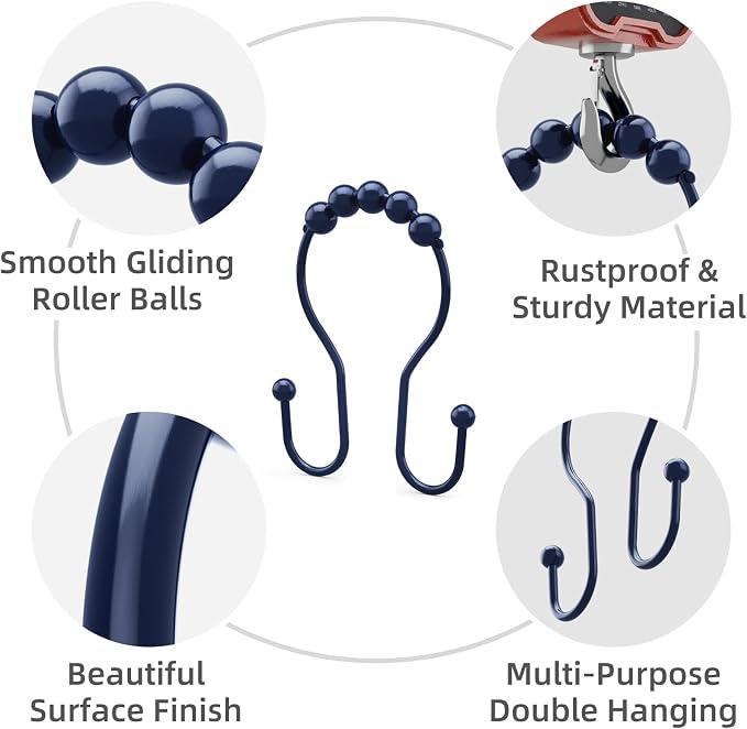 Shower Curtain Hooks, Shower Curtain Rings Rust Proof Navy Blue Double Hook - Image 2