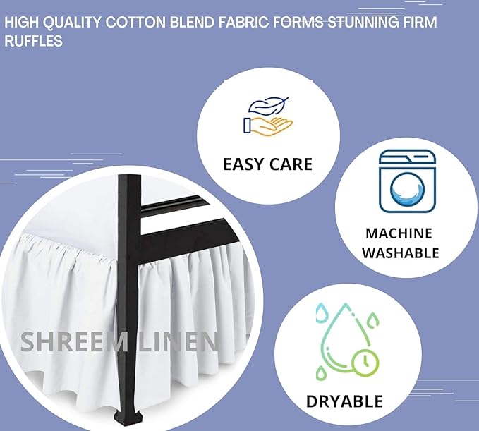 Shreem Linen Ruffled Bed Skirt with Split Corners, Gathered Style, 100% Microfiber, 8-Inch Drop, Dust Ruffle Bedskirt with Platform, Twin-XXL, White