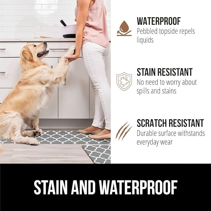 GORILLA GRIP 2 Pack Comfortable Cushioned Kitchen Mats for Floor, 17x24 + 17x48, Waterproof and Stain Resistant, 1/2 Inch Thick Ergonomic Standing Desk Anti Fatigue Mat, Foam Supports Feet, Grey White
