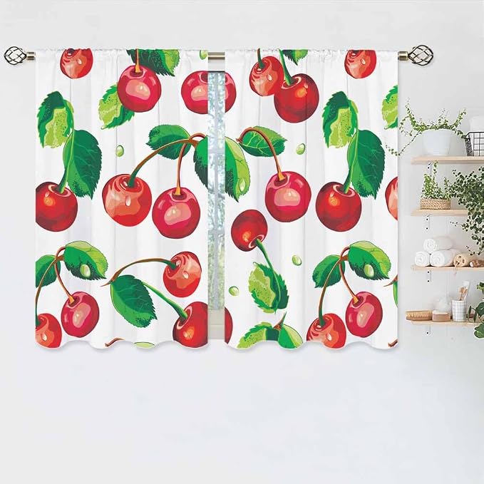 Red Cherry Kitchen Curtains Sweet Ripe Fruit Fresh Juicy Berry Short Tier - Image 5